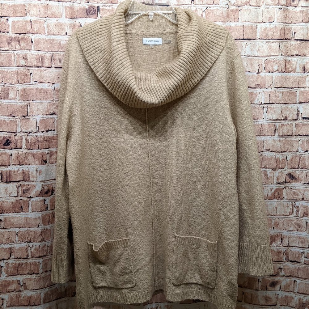 Calvin Klein Sweater Tan Cowl Neck Patch Pocket Knit Pullover Beige Size Large